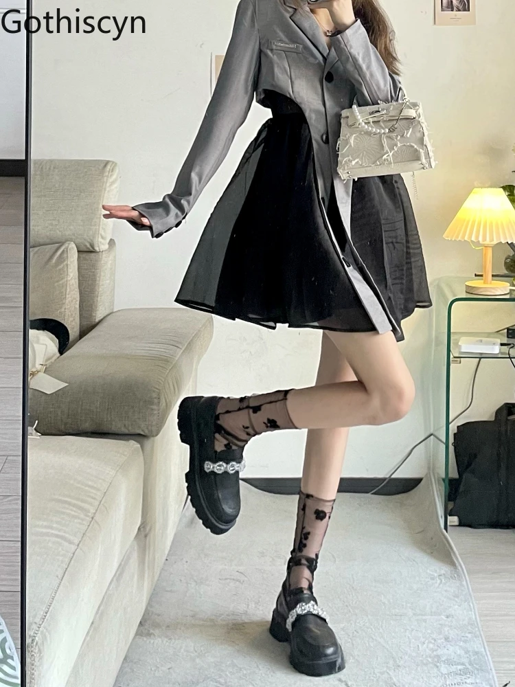 

Gothiscyn Suit Gray Blazer Top + Organza Suspender Skirt Two-piece Set Women Suits Mid-length Sweet Cool Hot Girl Suit Ladies