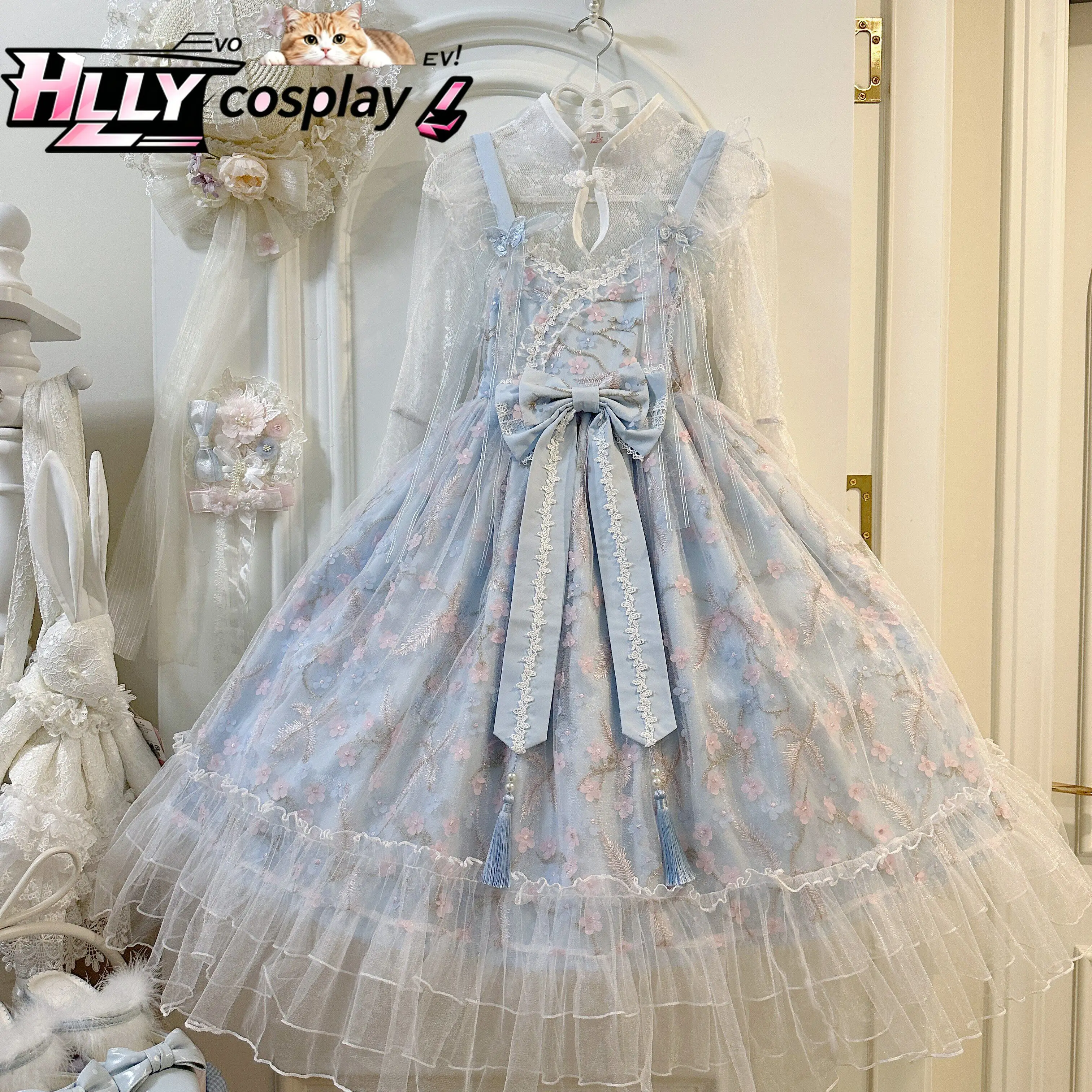 Фото Новое оригинальное платье JSK в китайском стиле Sweet Lolita для женщин и девушек, розовое, синее, многослойное, с кружевом, оборками, бантом на талии, на бретельках, весна-осень №2