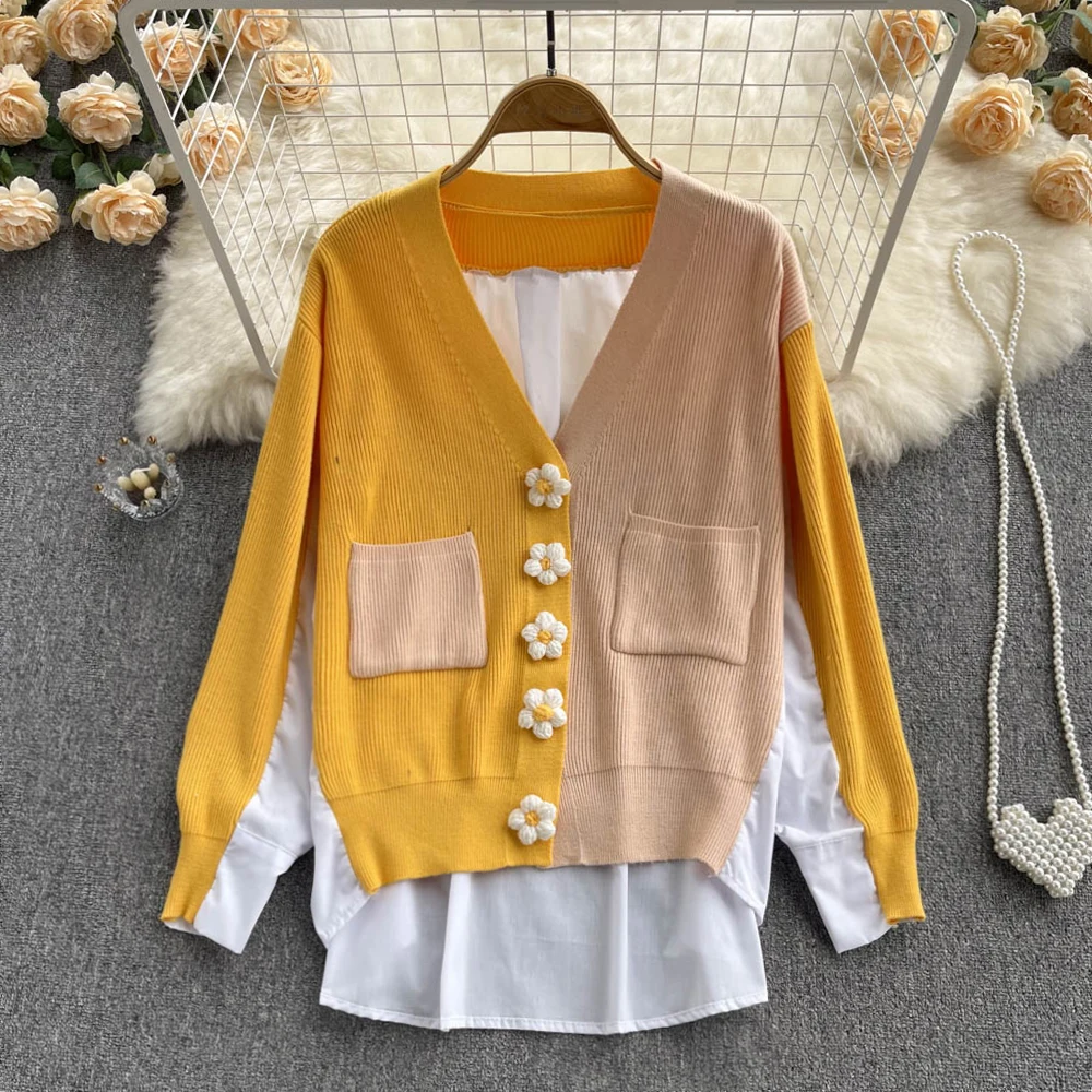 

Трикотажная Новинка 2022, женский тонкий куртка с v-образным воротником, Женский контрастный кардиган с длинными рукавами