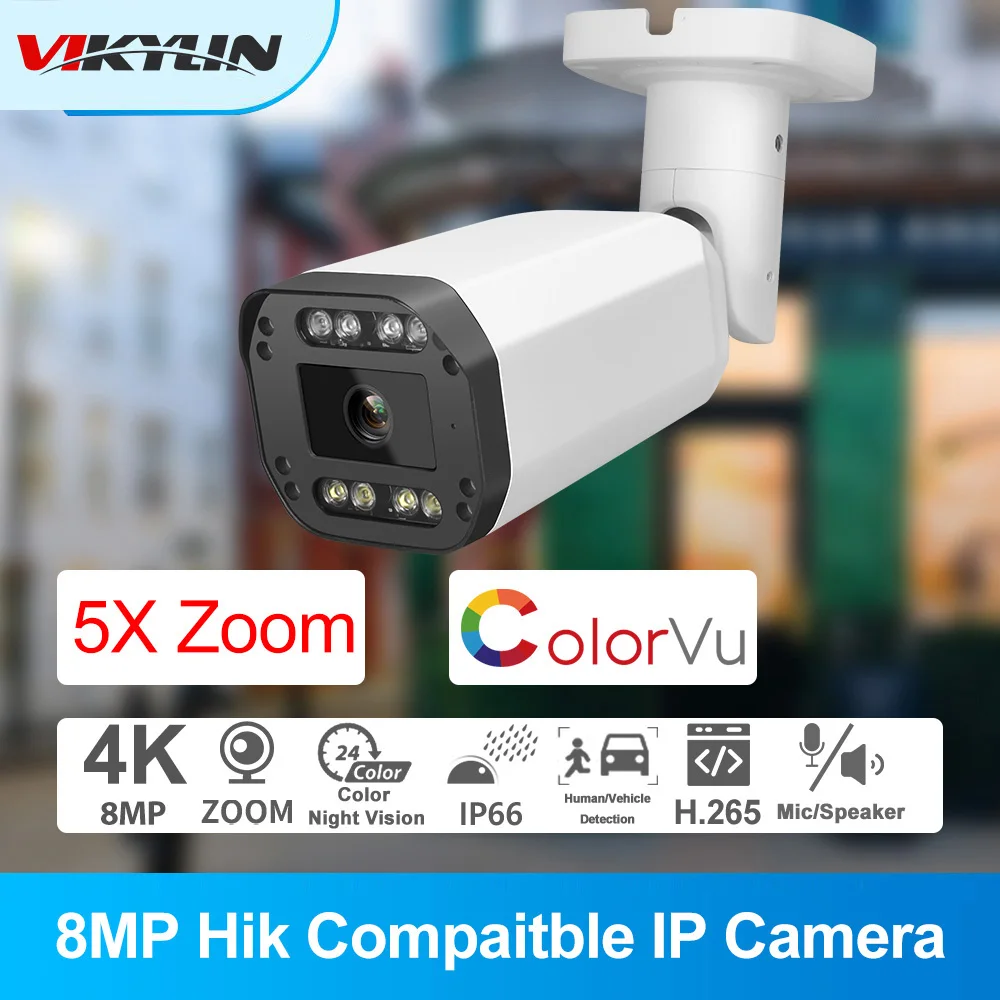 Vikylin 8MP IP Camera Outdoor Bullet 5X Zoom ColorVu IR Smart Dual Light Hikvision Compatible POE Two-Way Talk 2.7~13.5mm