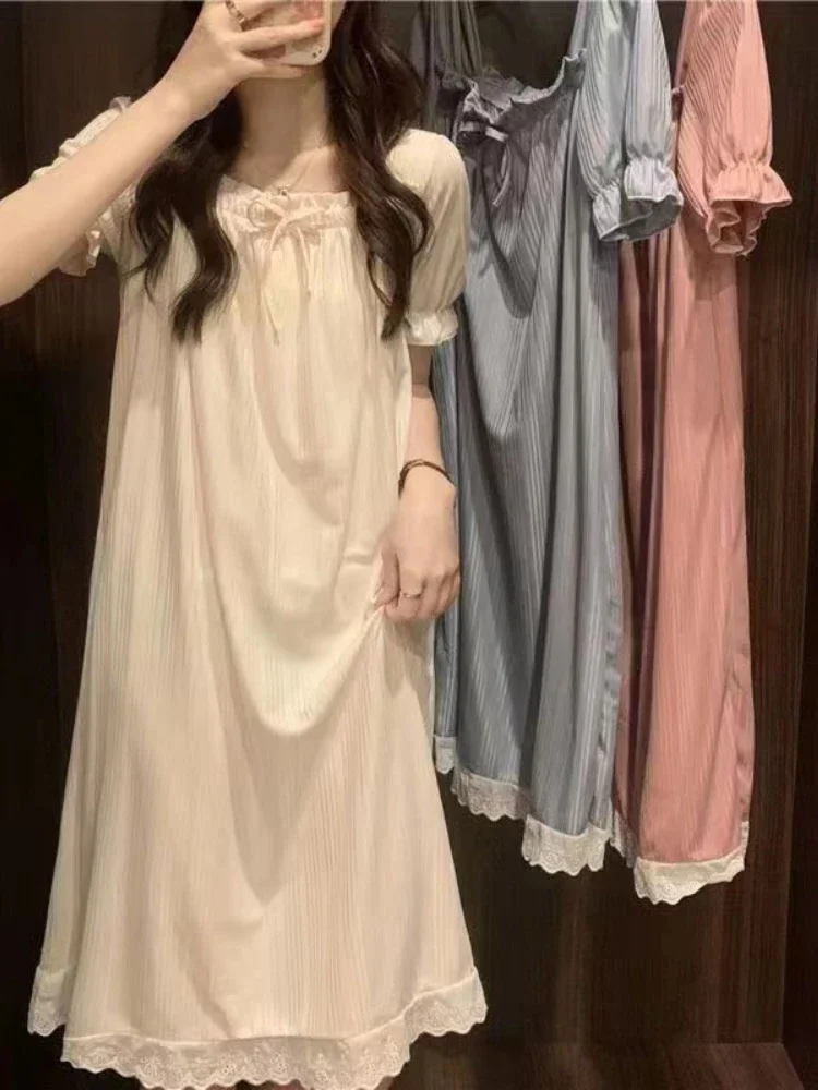 Ночные рубашки с бантом женские элегантные летние пижамы миди пышными рукавами