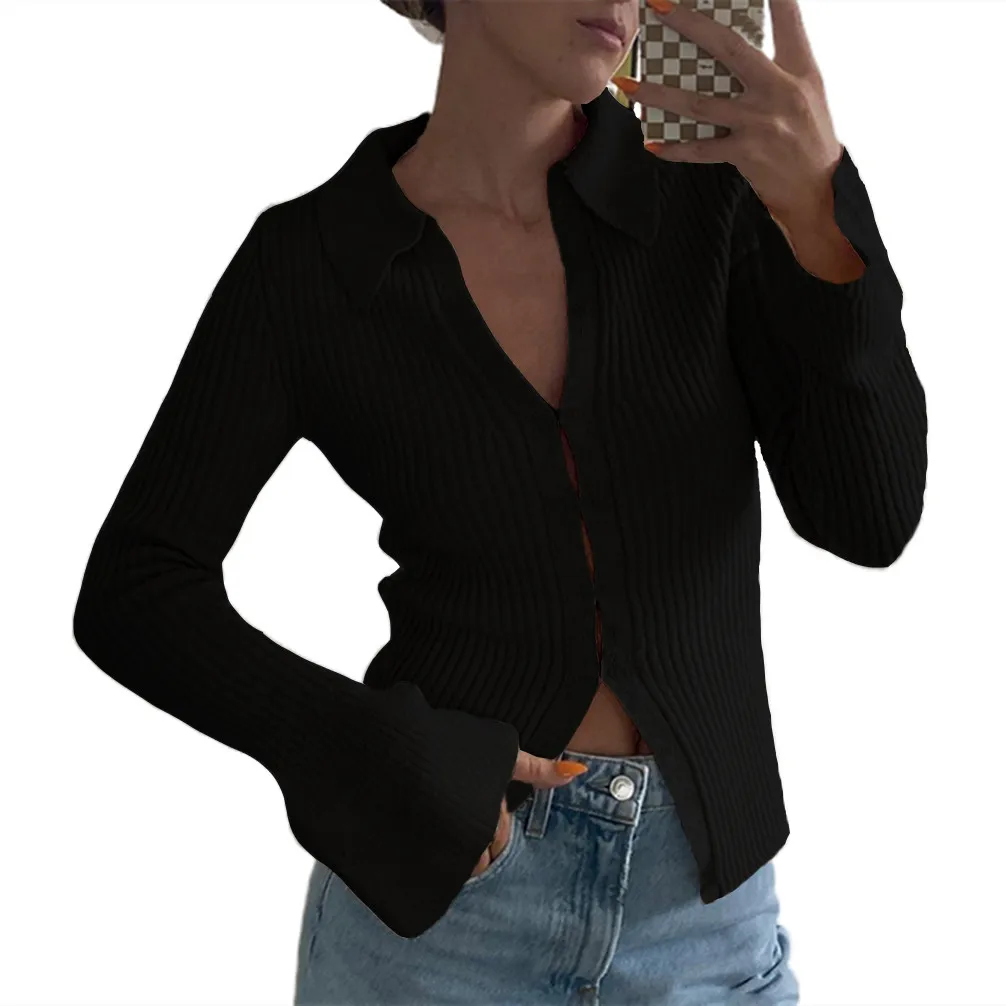 

Women Fashion Wild Knitted Cardigan Solid Color Turn-Down Collar Long Sleeve Buttons Front Autumn Winter Slim Fit T-shirt Tops
