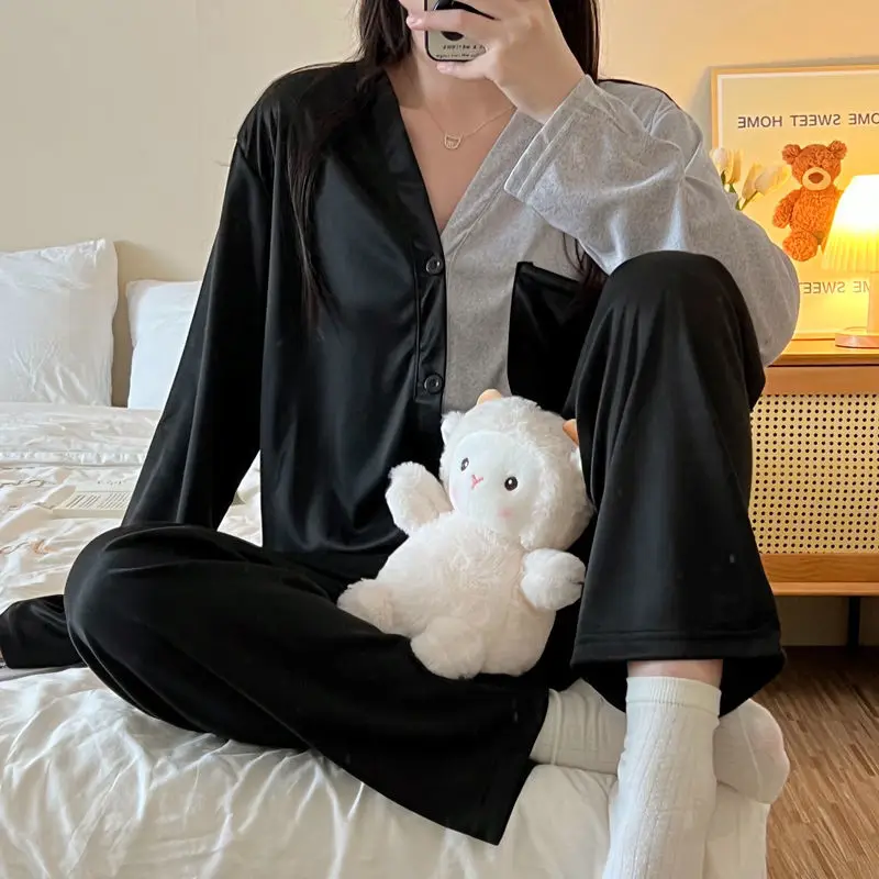Yasuk Spring Autumn Fashion Women's Casual Soft Milk Silk Sleepwear Homewear Pajamas Set With Pants Splicing Colors Simple Girl
