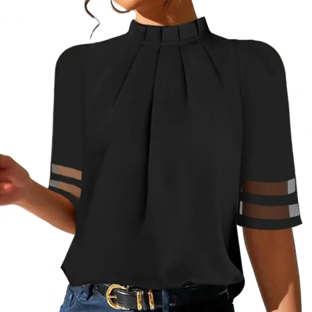 

Regular Fit Blouse Chic Office Lady Blouses Women's Half Sleeve Pullover Tops with High Collar Mesh Stitching in Solid for A