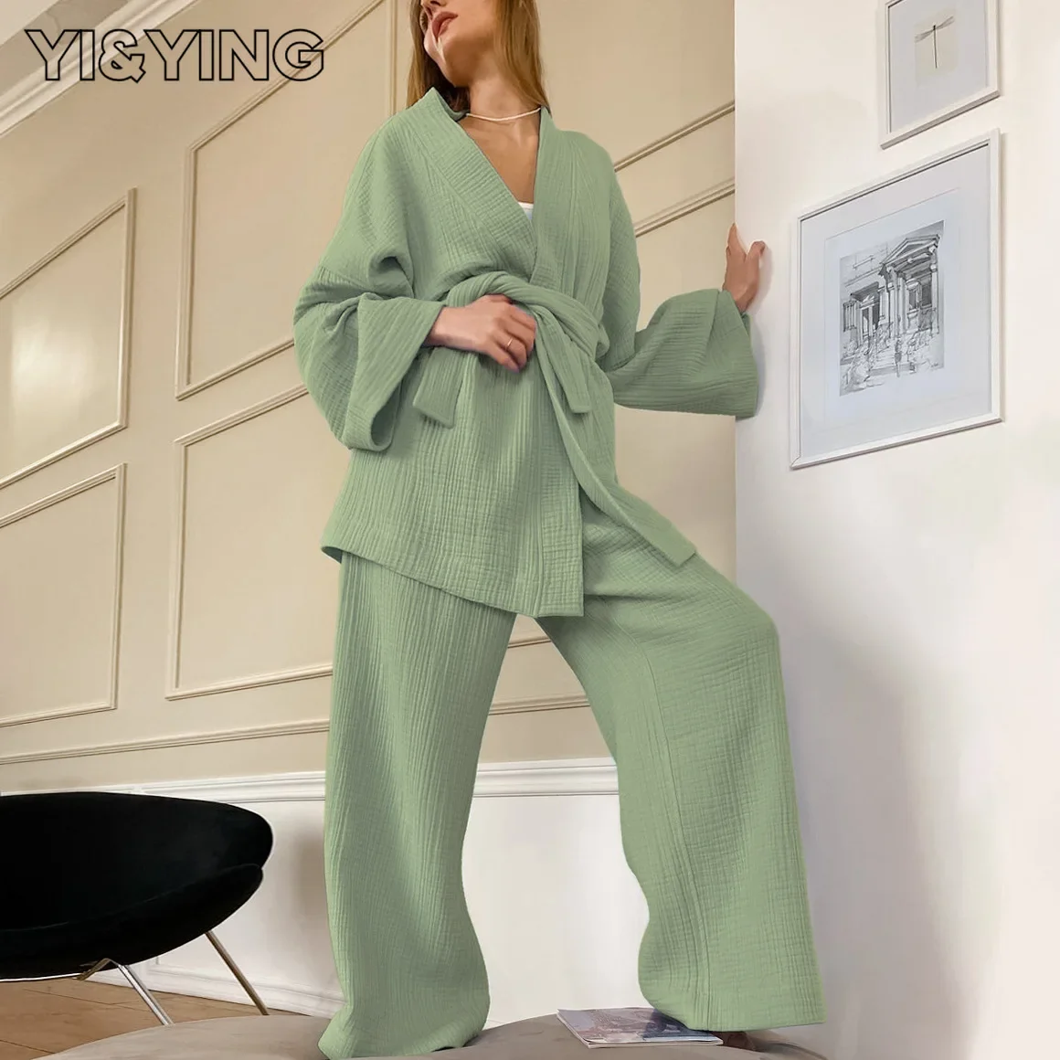 

[YI&YING] Cotton Women's Pajama Set Flare Sleeves Pajama Set Women's 2-Piece Robe Women's Lace Up Casual Pants Set WAZC378