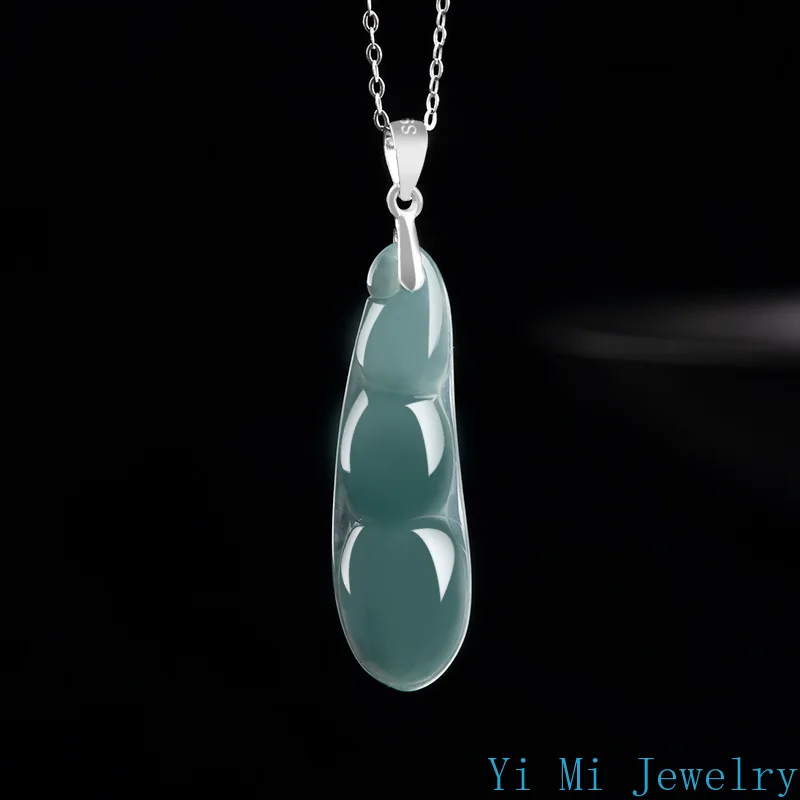

Natural A-grade Jade Sticky Ice Seed Blue Water String Bean Pendant Fu Dou Jade S925 Silver Inlaid Pendant Women's Jade Pendant