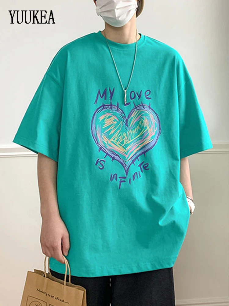 

YUUKEA Simple Heart Print T Shirts for Men Summer Casual O-neck Short Sleeve Trendy Tees Women Vintage Loose High Streetwear Top
