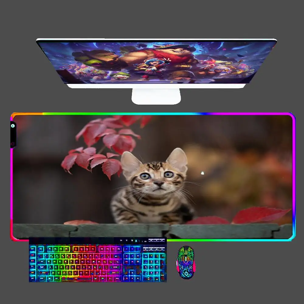 

Cute kitten Computer Mouse Pad LED Gamer Gaming Mousepad XXL Desk RGB E-sports Keyboard Accessories Anti-skid Mouse Carpet 90x40