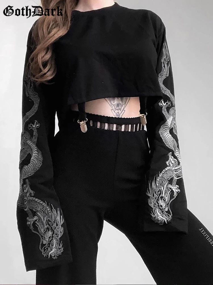

Goth Dark Mall Gothic Dragon Print Women Crop Tops Grunge Aesthetic Punk Black Sweatshirts Loose Fashion Streetwear Alt Clothes