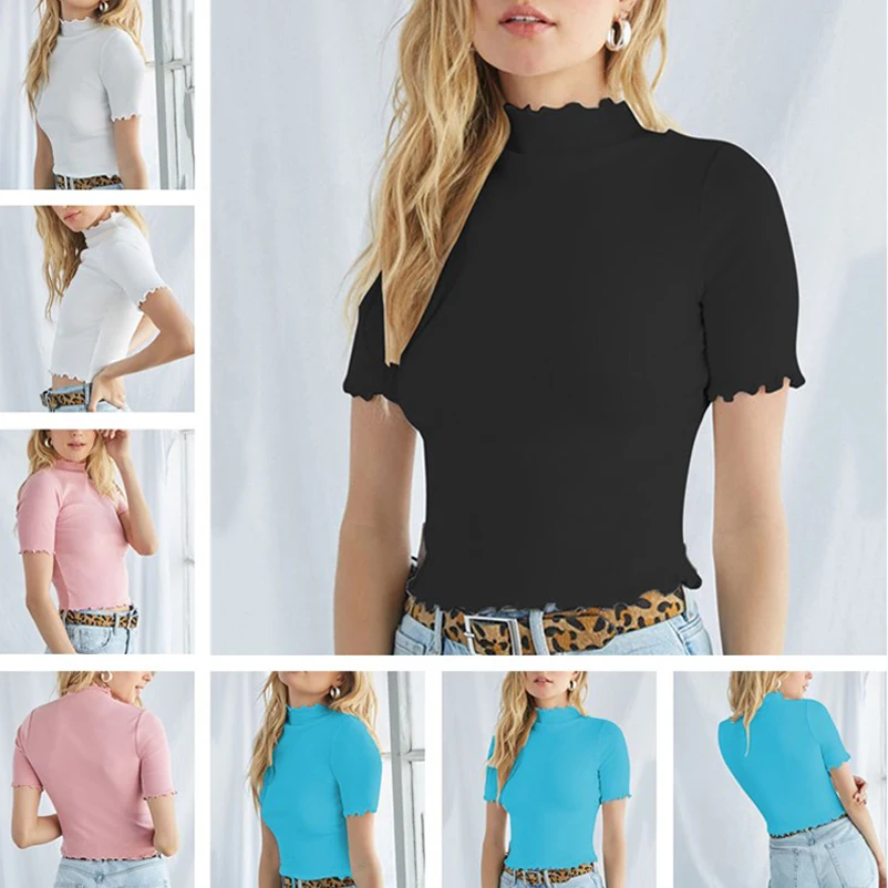 

Women Short Through Cropped Tops Half Turtleneck T-shirts Wooden Ear Short Sleeve T-shirts Female Tops
