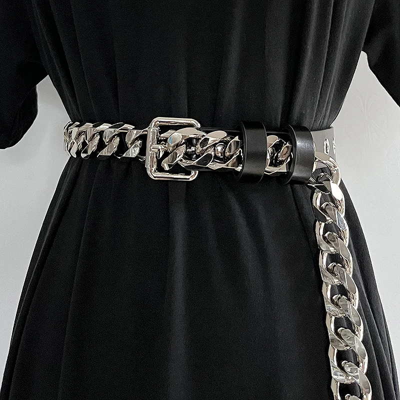 2023 Brand Design Cow Leather Wide Chain Partchwork Waist Belt Women PUnk Casual Street Shirt Chain Waistband Cowhide Ceinture