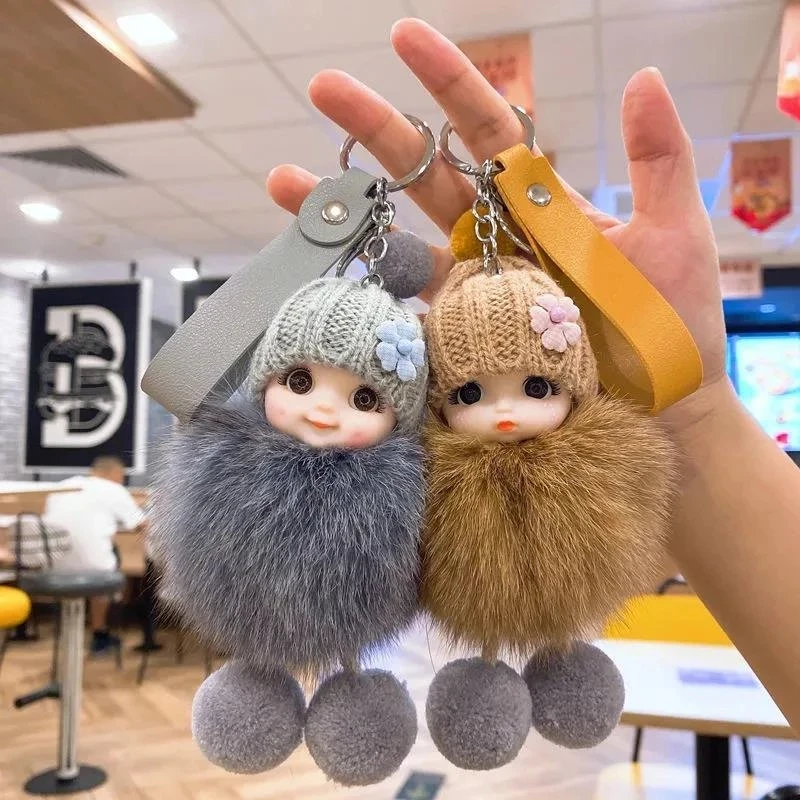 

ZHUOY Pompom Smiling Baby Keychains Fox Fur Cute Fluffy Plush Doll Key Chain for Women Girl Bags Pendant Cars Keyring Gift