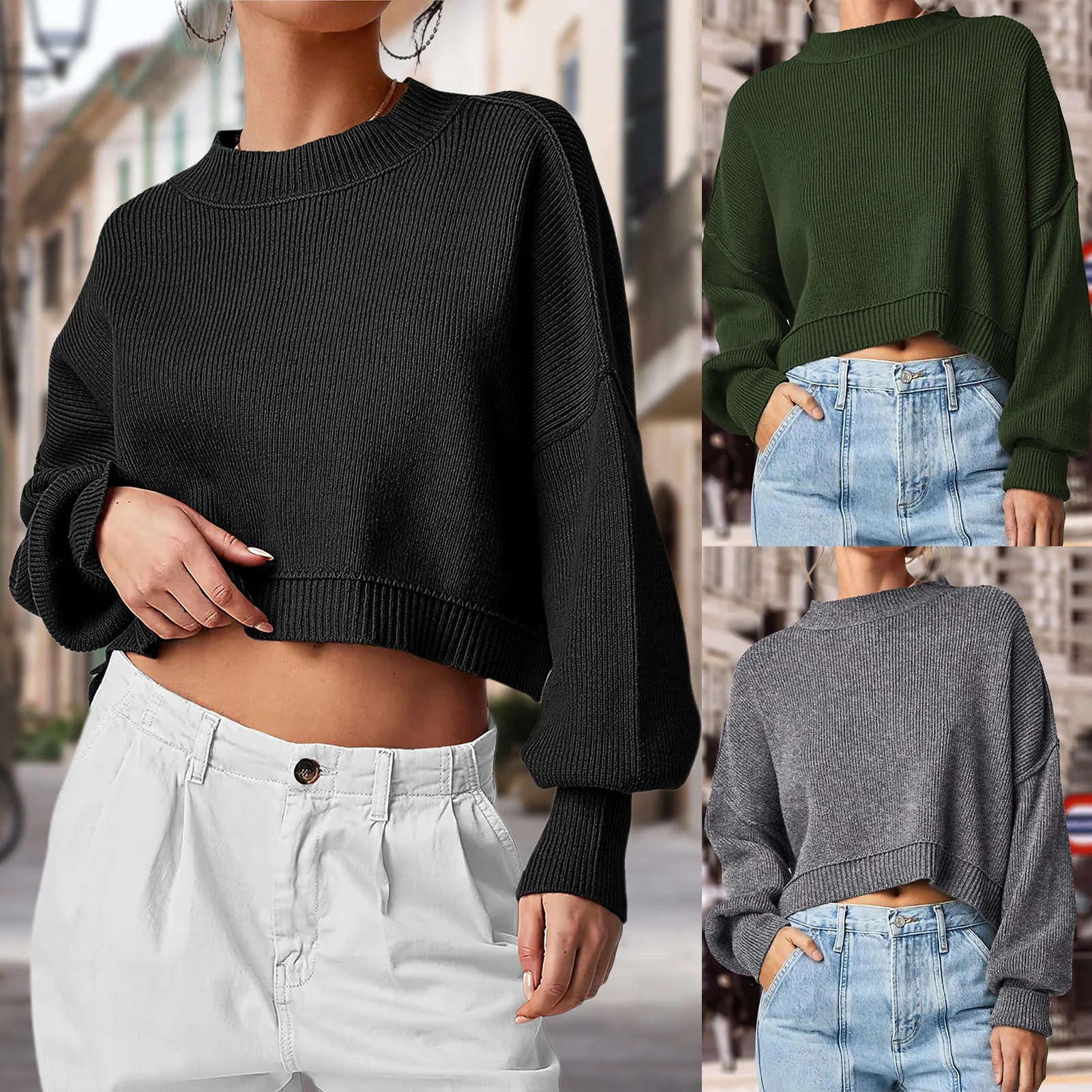 

Women Lantern Sleeve Sweater Elegant Knit Soft Oversized Sweater Casual Loose Solid Color Short Sweater Outerwear Autumn Tops