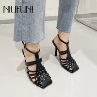 new roman sandals narrowstrap woven womens sandals stiletto square toe hollow high heels slingback buckle gladiator woman shoes