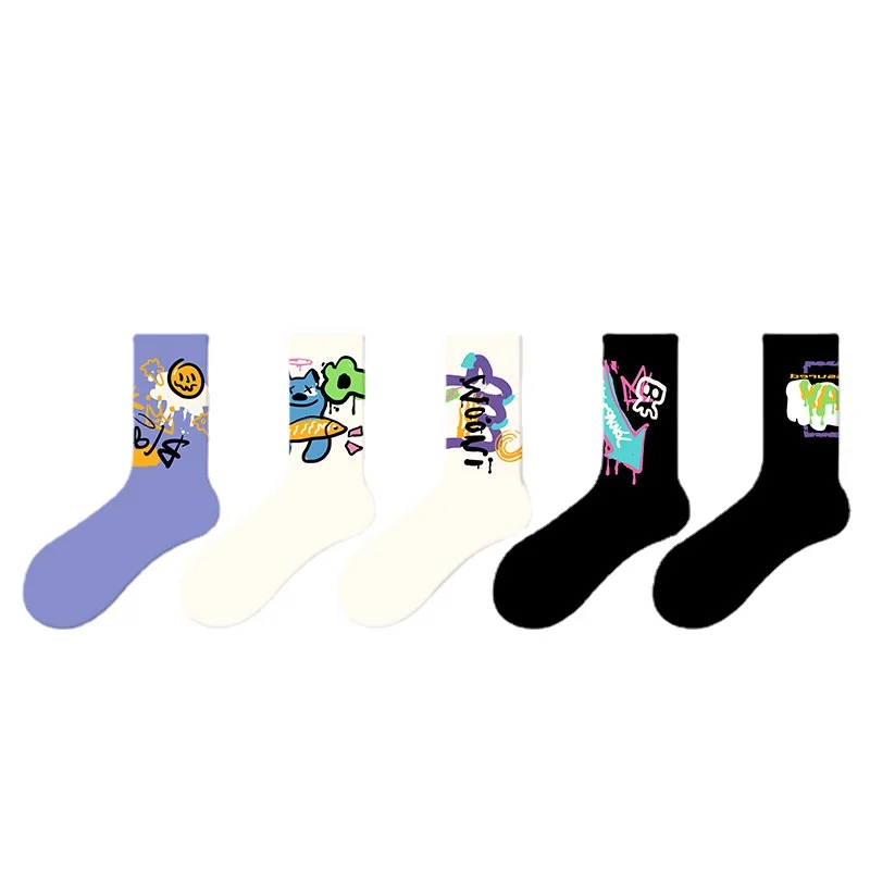 Trendy Graffiti Unisex Medium Tube Cotton Socks-5 Pairs Set