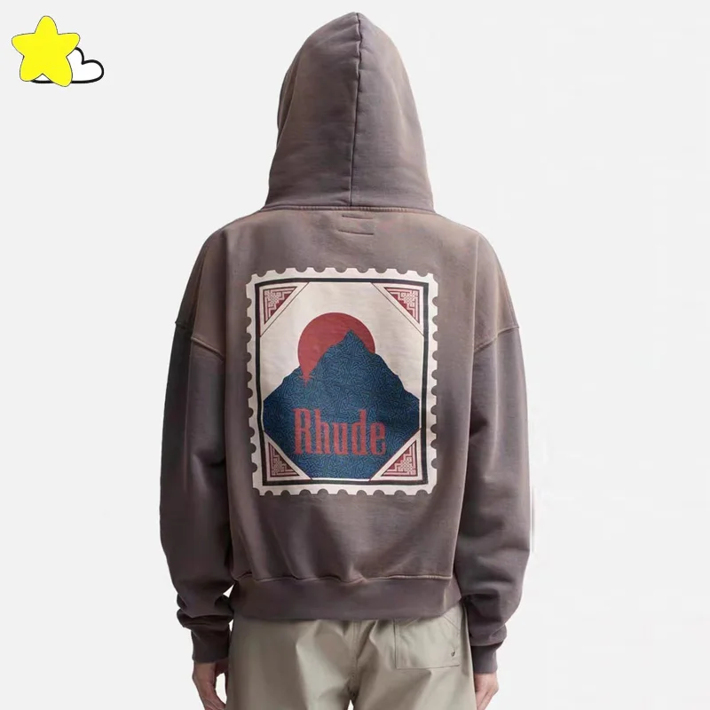 

23FW High Quality Sunset Half Month Printing Rhude Hoodie Men Women Oversized Fleece Pullovers Casual Fashion Sweatshirts