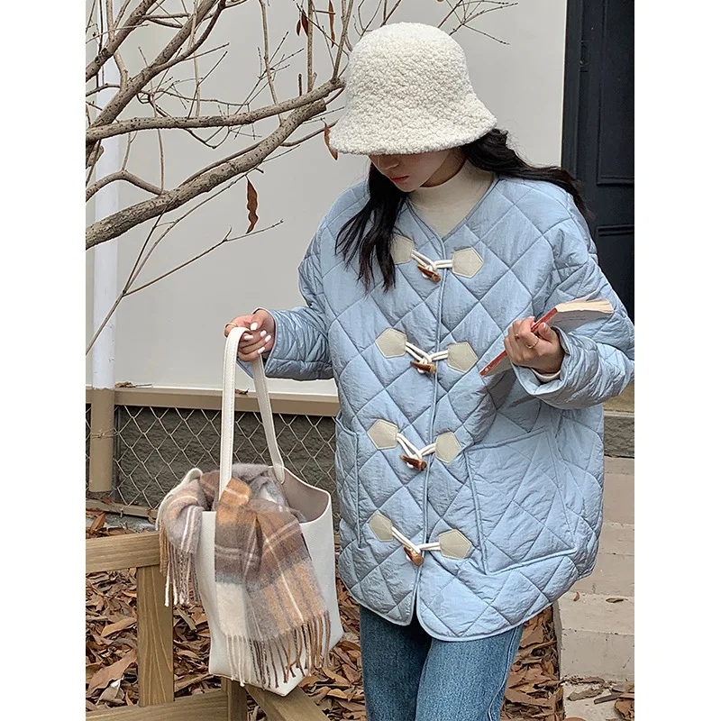 Cotton-padded Women's Winter Loose Casual Top with Horn Button Round Neck Shows Slimness and Loose Fashion Quilted Cotton Coat
