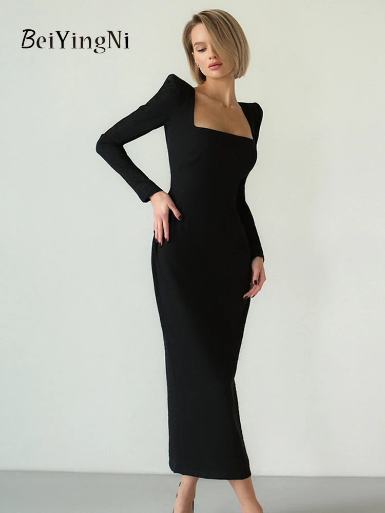 

Beiyingni весенне-осенние сексуальные длинные платья с глубоким вырезом для женщин, тонкое элегантное облегающее платье с квадратным вырезом во французском черном цвете, женские платья