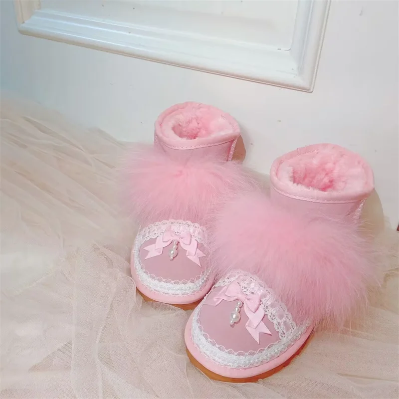 

Слитные меховые ботинки ручной работы с милым жемчугом, украшенные бабочками, зимние теплые флисовые ботинки, женская модель 35-44