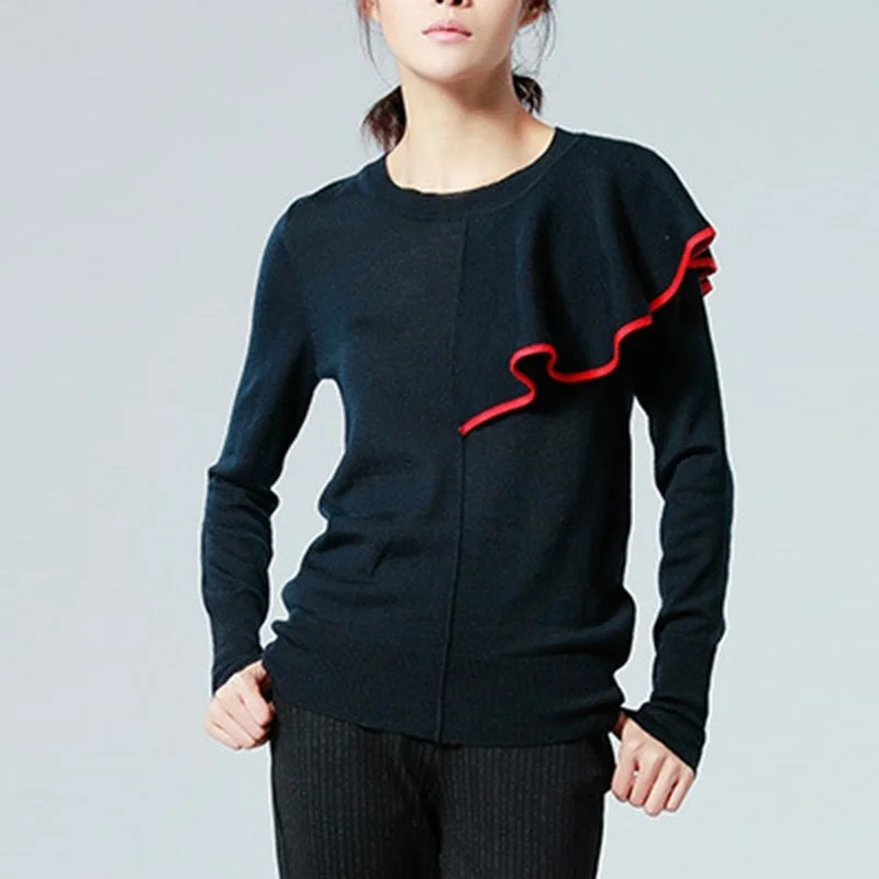 

Women Sexy Autumn Winter Simple Solid Tops Knitwear Pullover Sweater Navy Lotus Leaf Patchwork Turtleneck Sweaters Streetwear