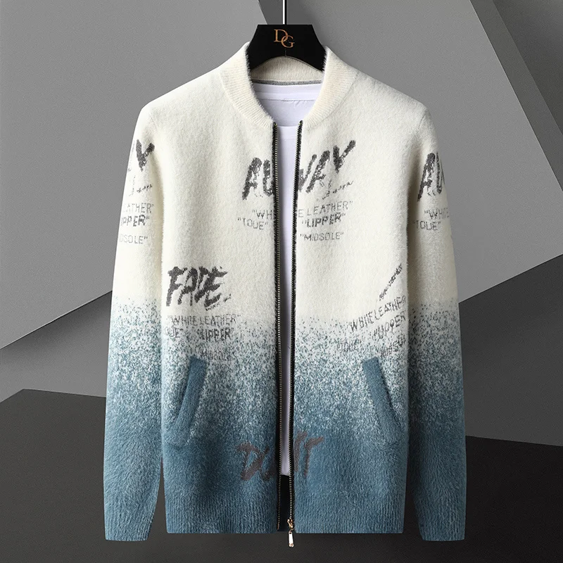 

luxury Light high quality gradient color knitted cardigan men's autumn winter 2023 trend casual chenille printed sweater coat