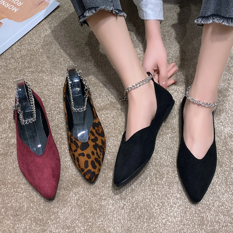 

43 Size Women Shoes 2023 Leopard Women's Flat Shoes Fashion Chain Summer Single Shoe Sexy Pointed Flat Shoes Zapatos De Mujer