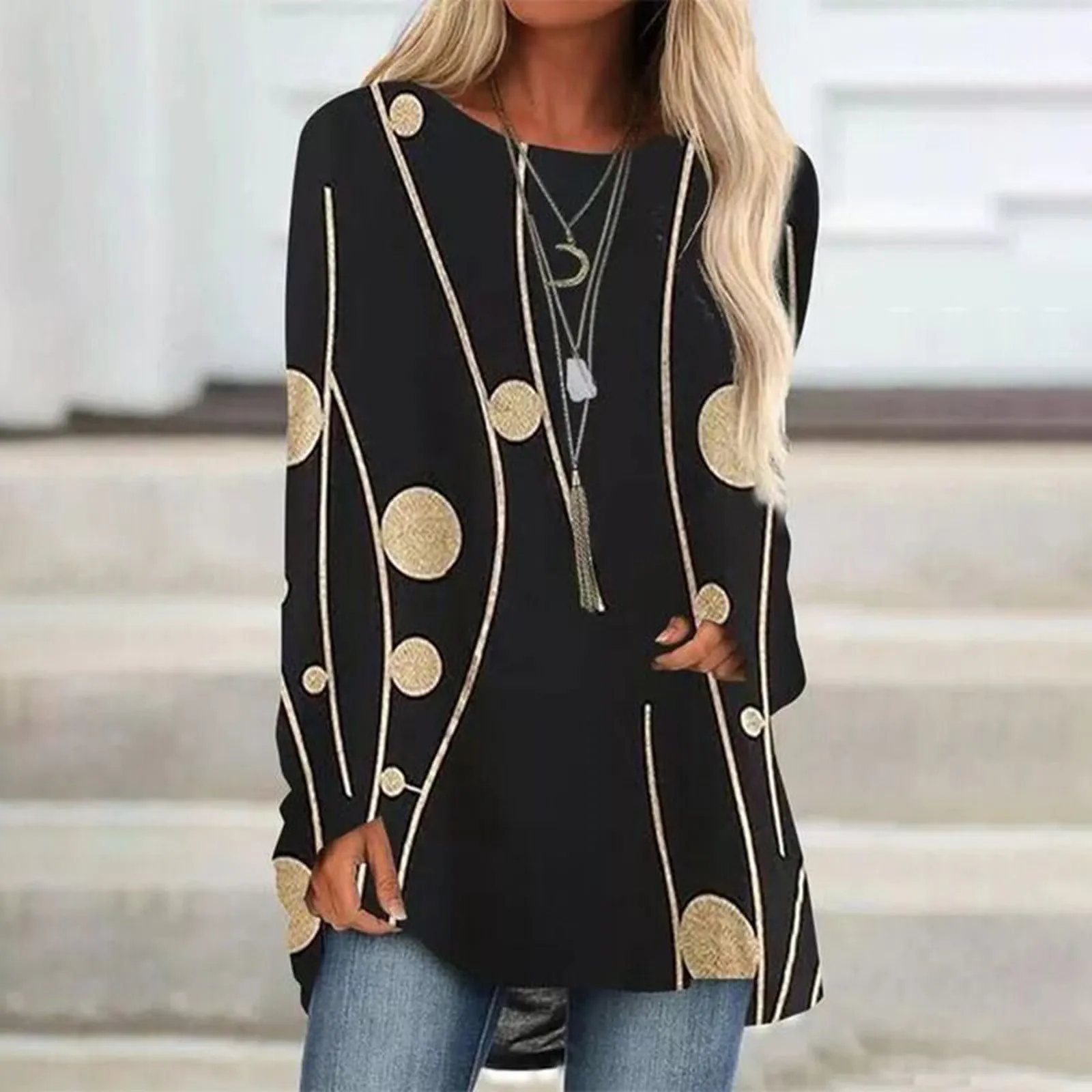 

Fashion Women's Casual Round Neck Digital Printing Long Sleeve Top Long Sleeve Girl Band Long Sleeve Loose Shirt