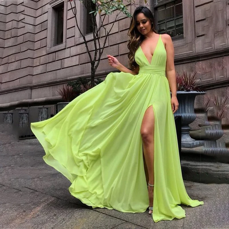 

Green V Neck Sexy Sleeve High Waist Women Dress Splited Ruffle Elegant Yellow Female Dresses Spring Plted Dress Vestidos 2022