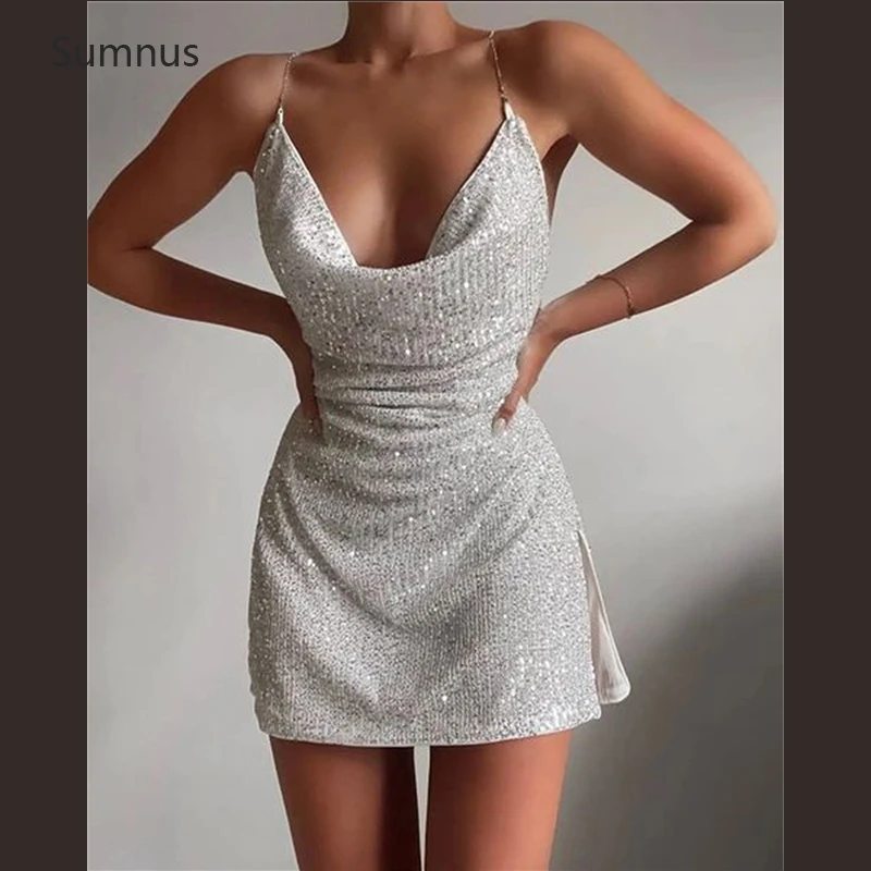 

Sumnus Sexy Short Spaghetti Straps Evening Dress Sequined Sleeveless Slit Club Prom Gowns Party Dresses Robes De Soirée 2022
