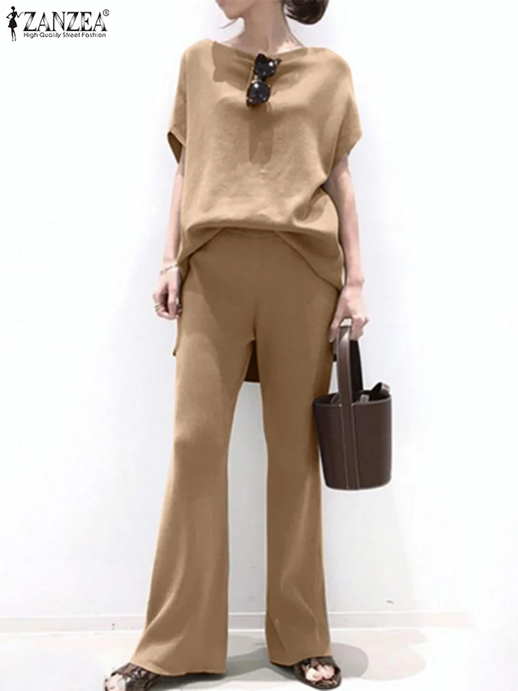 

ZANZEA Vintage Loose Short Sleeve Pant Sets 2022 Summer Vocation Party Tracksuits Oversize 2PCS Women Casual Solid Matching Sets
