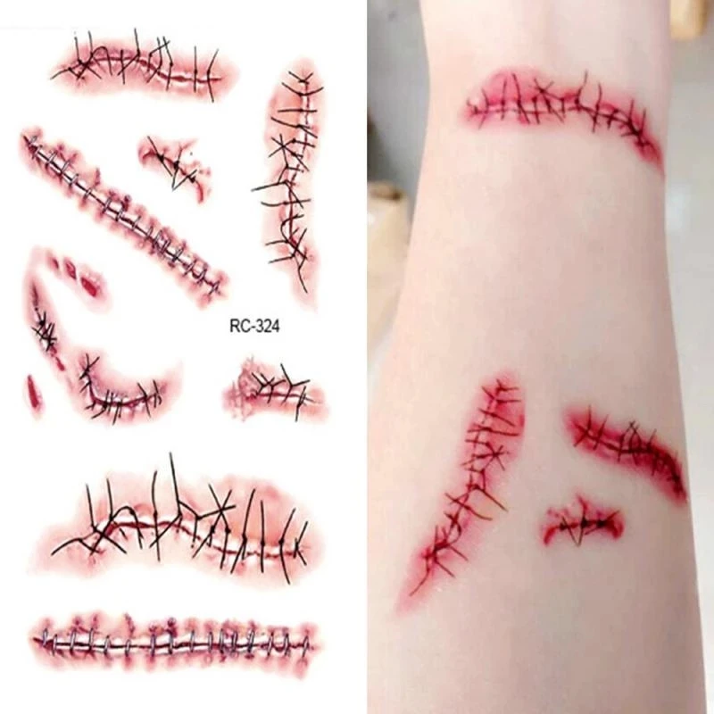 

1pcs Halloween Zombie Scars Tattoos With Fake Bloody Makeup Halloween Decoration Wound Scary Blood Injury Tattoo Stickers