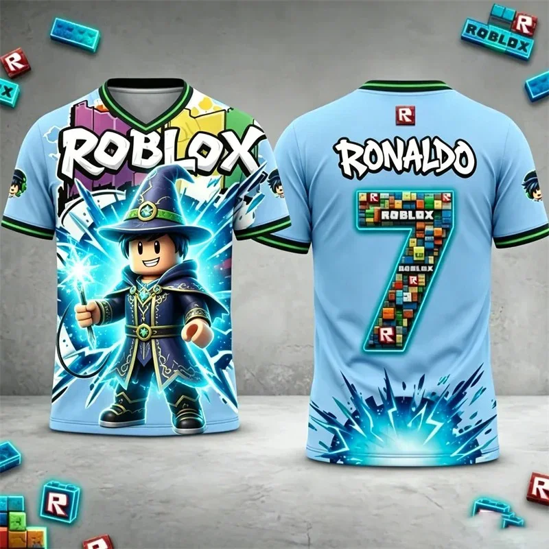 Фото Детская футболка Roblox с индивидуальным именем, 3D-принтом робота, коротким рукавом, повседневная, дышащая, спортивная, для мальчиков и девочек, летняя, подарок №3