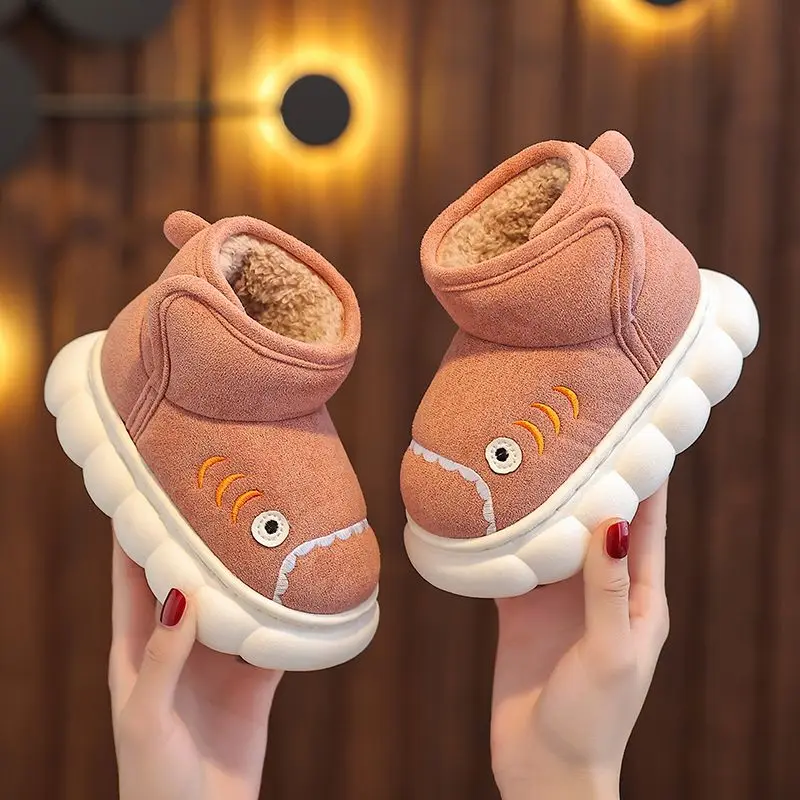 Cartoon Shark Baby Winter Slipper Non-slip Toddler Outdoor Cotton Boots Warm Plush Kids Cotton Slippers 2022 New Boys Girls Shoe