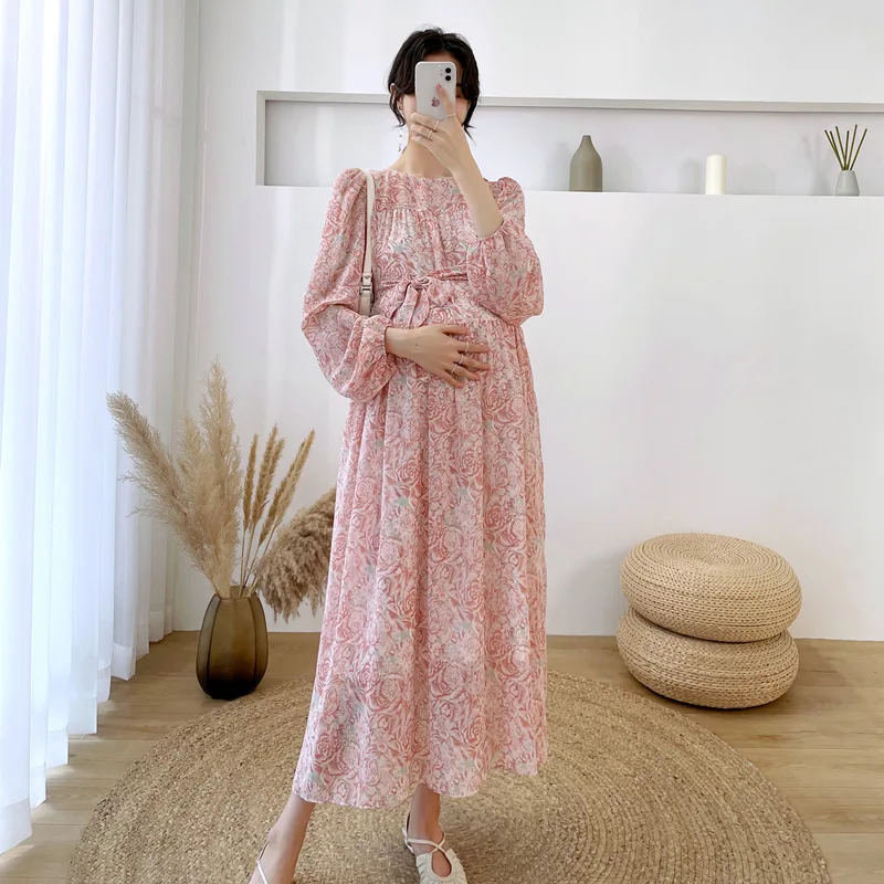 

Pregnancy Clothes Baby Shower Dress for Women Pregnant Woman Floral Maternity Gown Chiffon Outing Dresses