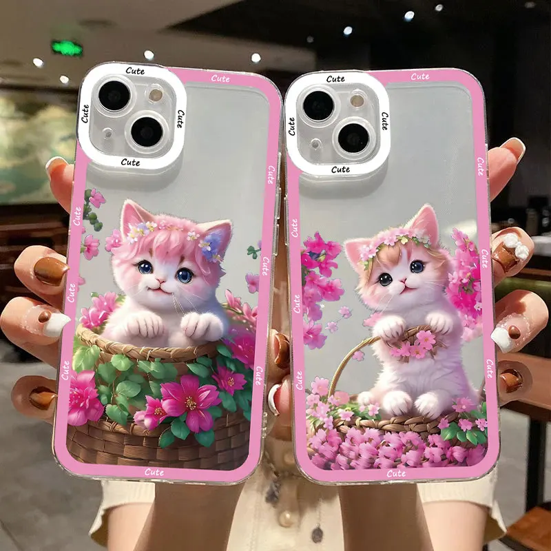 

Lovely Cats Baby Pink Phone Case For Iphone 11 12 13 14 Pro Max 7 8 Plus SE 2020 XR X XS 14 Plus Clear Cover Transparent Fundas