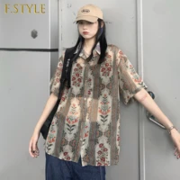 f girls ins harajuku retro shirts women flower print top spring summer 2022 new loose chiffon short sleeved casual blouse