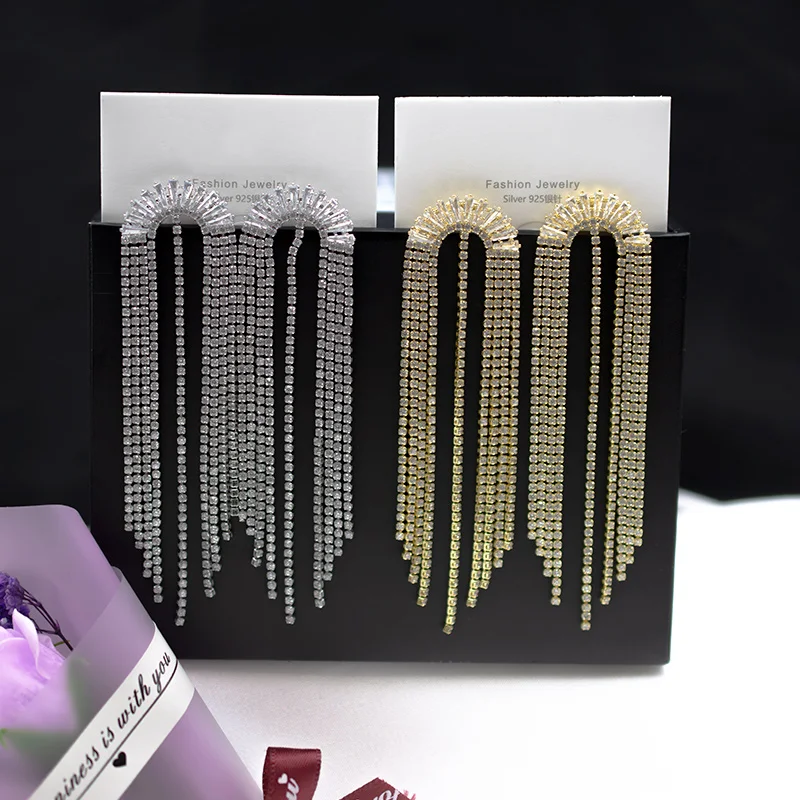 

MUZHI 18K Gold Silver Exaggerated Full Rhinestone Tassel Earrings For Women Party Wedding Statement Jewelry Long Eardrop Gifts