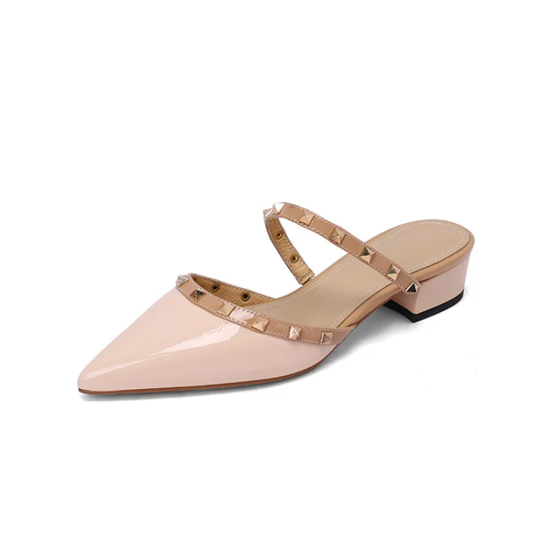 Coarse with Baotou Slippers Female 2023 New Summer Pointed Head Rivets Sandals with A Slip-on Lazy Shoes A2820