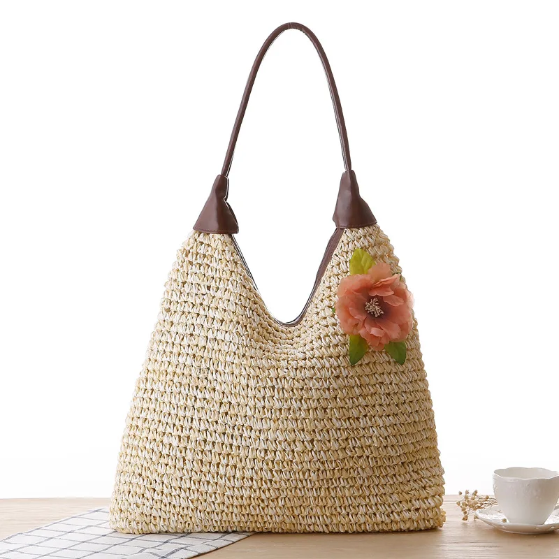 Summer Overlarge Rattan Shoulder Bag for Women Bohemian Flower Woven Straw Bag Purses and Handbags Bali Travel Big Beach Tote