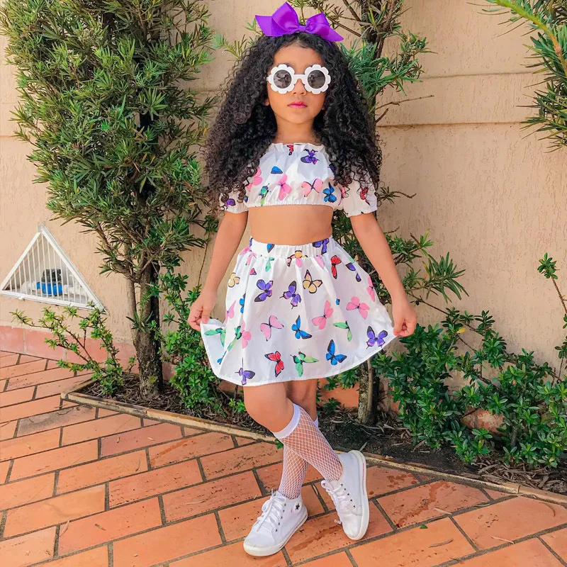 

Summer Children's Clothing Sets for Girls Short Sleeve Crop Tops Shirts+Skirts 2pcs Sets Fashion Clothes Sets for Girls 1-8Years