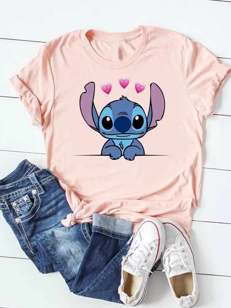 

Disney Stitch Graphic T-shirts Cartoon Clothing Top Sweet Love Style 90s Fashion Casual Summer Female Women Clothes Tee