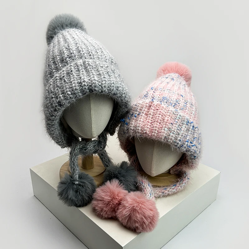 Осенне-зимние новые женские однотонные вязаные шапки с ремешками для волос