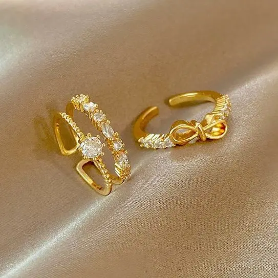 

2pcs/set bow ring for women inlaid zircon Korean high-quality ring opening adjustable index finger gift wholesale