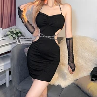 2022 women sexy sleeveless bodycon mini dress hollow out bandage backless patchwork halter dress with sleeves nightclub