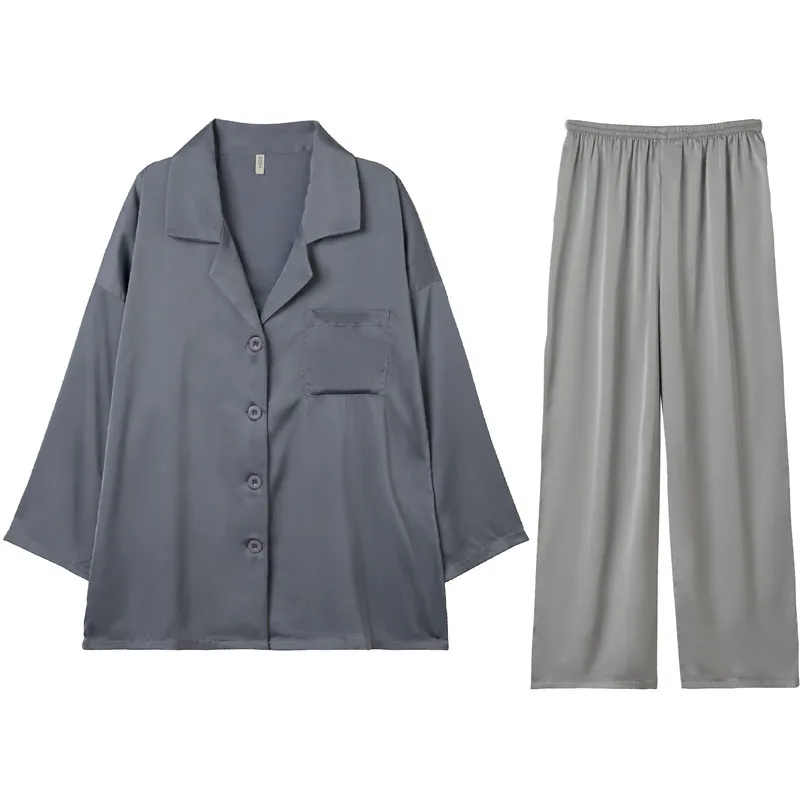 New Season Spring and Autumn Silk Pajamas Women's Long-Sleeved Suit Solid Color Thin Ice Silk Lapel Large Size Loose Home Wear