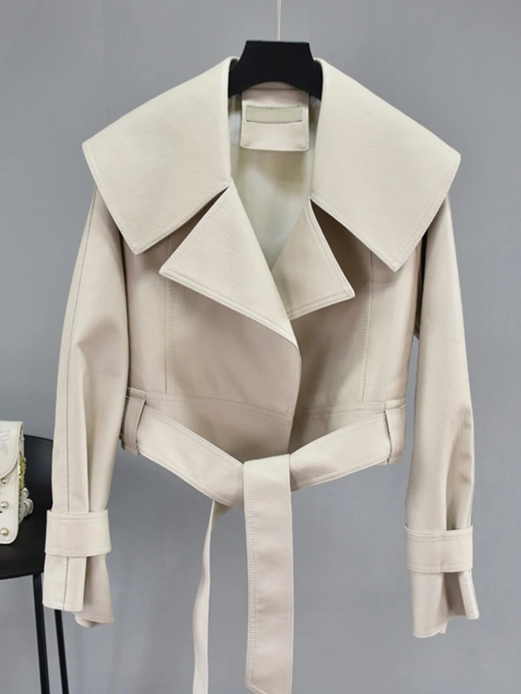 

FMFSSOM 2022 Spring Turn Down Collar Soft Faux Leather Jacket Women Sashes Casual Fu Coat Beige Autumn Windproof Outwear