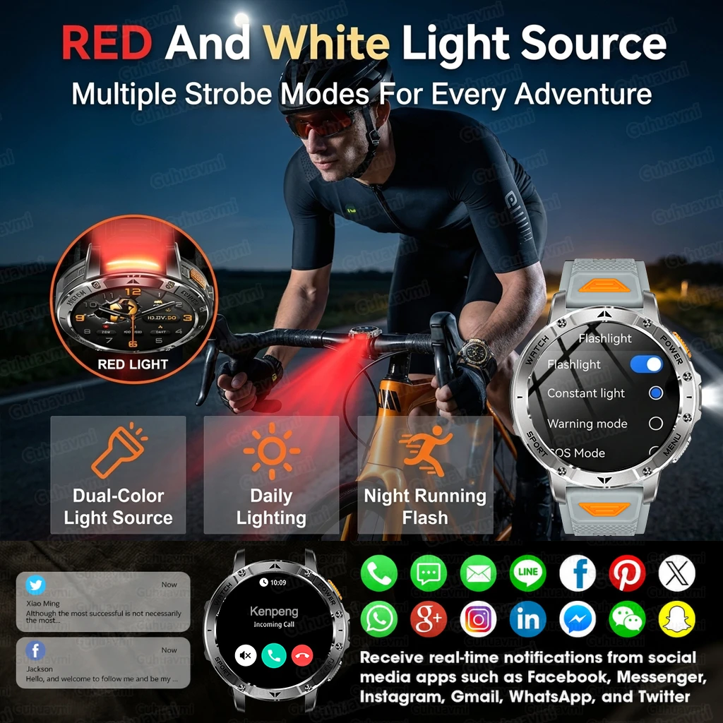 Фото Новые умные часы с LED-фонариком и стробоскопом, отслеживанием фитнеса, аккумулятором 1400 мАч, водонепроницаемые, с функцией звонков №3