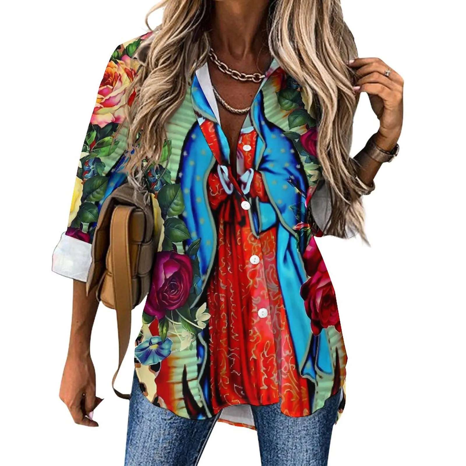 

Floral Leopard Print Loose Blouse Our Lady Guadalupe Street Wear Oversized Blouses Woman Long Sleeve Cool Shirts Design Clothes
