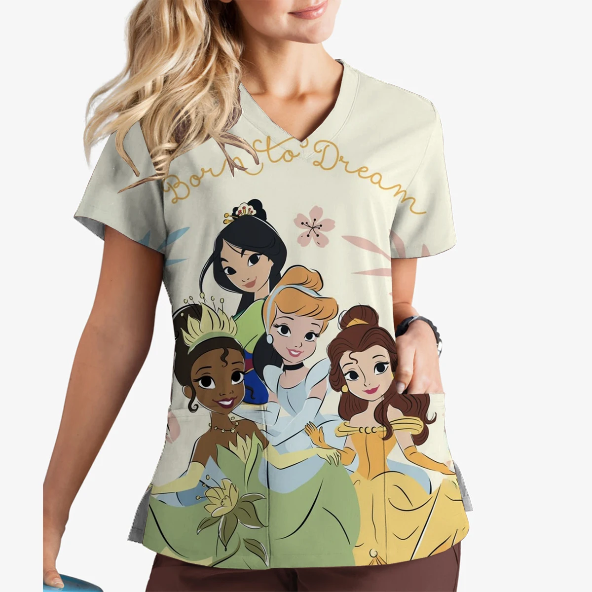 Summer Disney Tiana Princess Print V-Neck Scrub Top Surgeon Work Clothes Doctor Nurse Surgical Gown Women