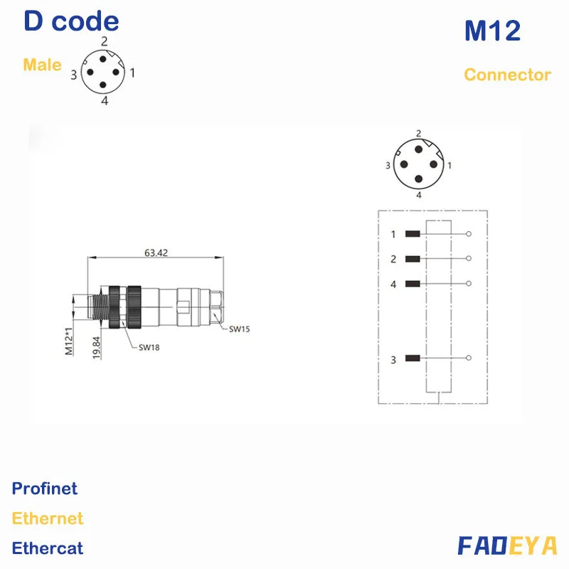 M12, D-код, 4 контакта, Shield, Ethernet, Profinet , Male, IO-модуль, установка на месте, прямой (art.: 3920bdd63dc22) - 3920bdd63dc22